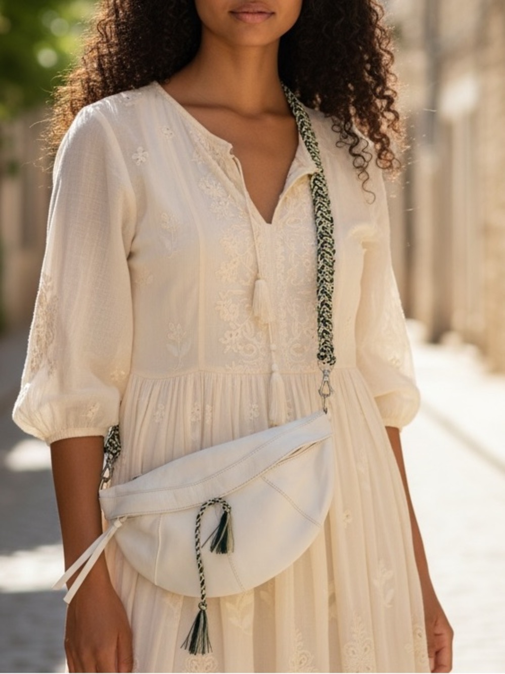 Free People Cream Crossbody Bag with Braided Multi-Color Strap